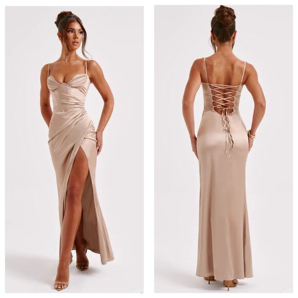 Babyboo Zola Champagne Maxi Dress Size XS Satin Corset Lace Up Gown Wedding - Picture 1 of 15